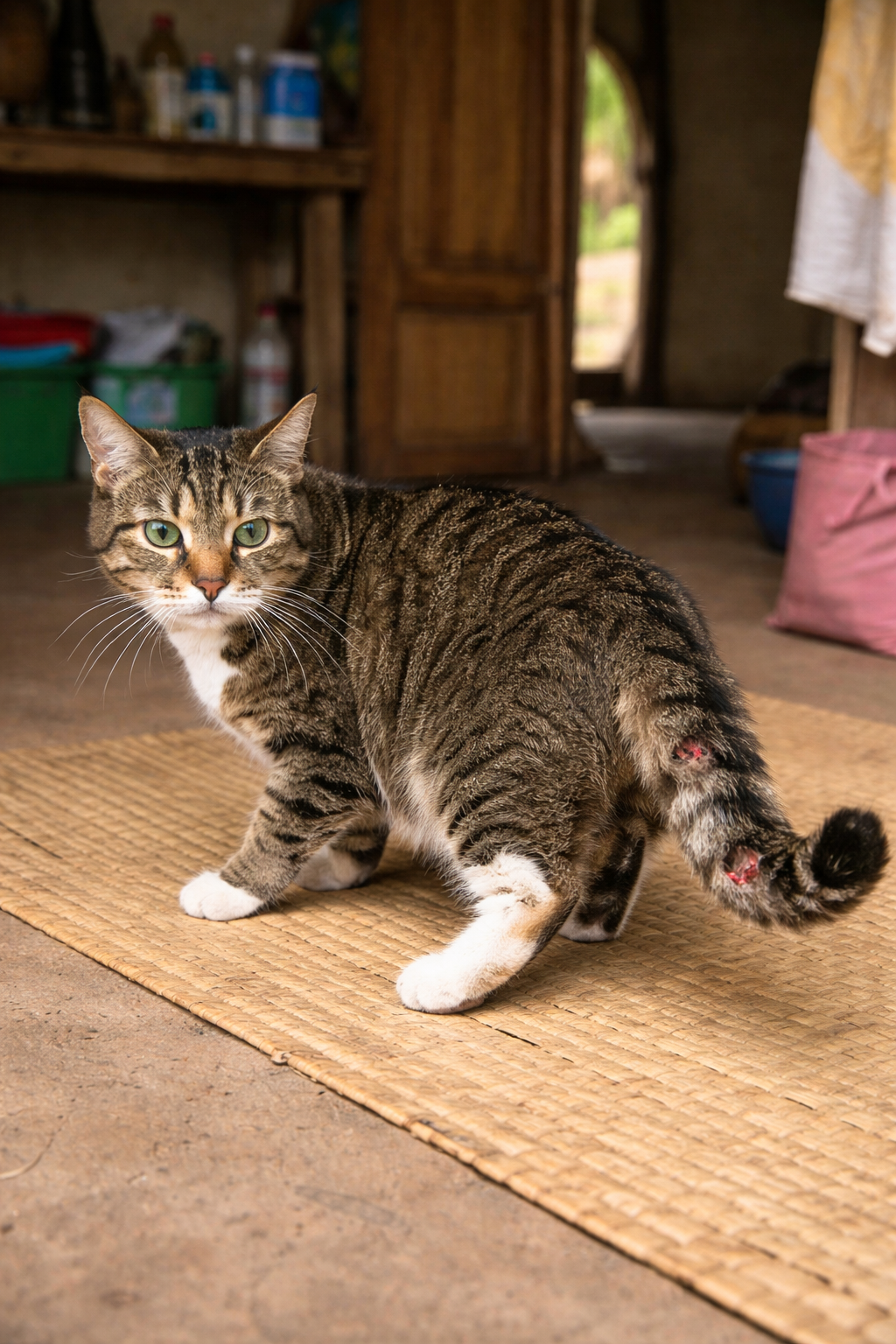 Tabby cat at home in Uganda with small tail injuries on woven mat