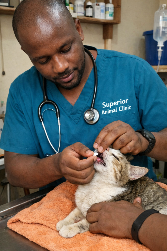 Vet at Superior Animal Clinic Kampala giving anemia tablet to cat