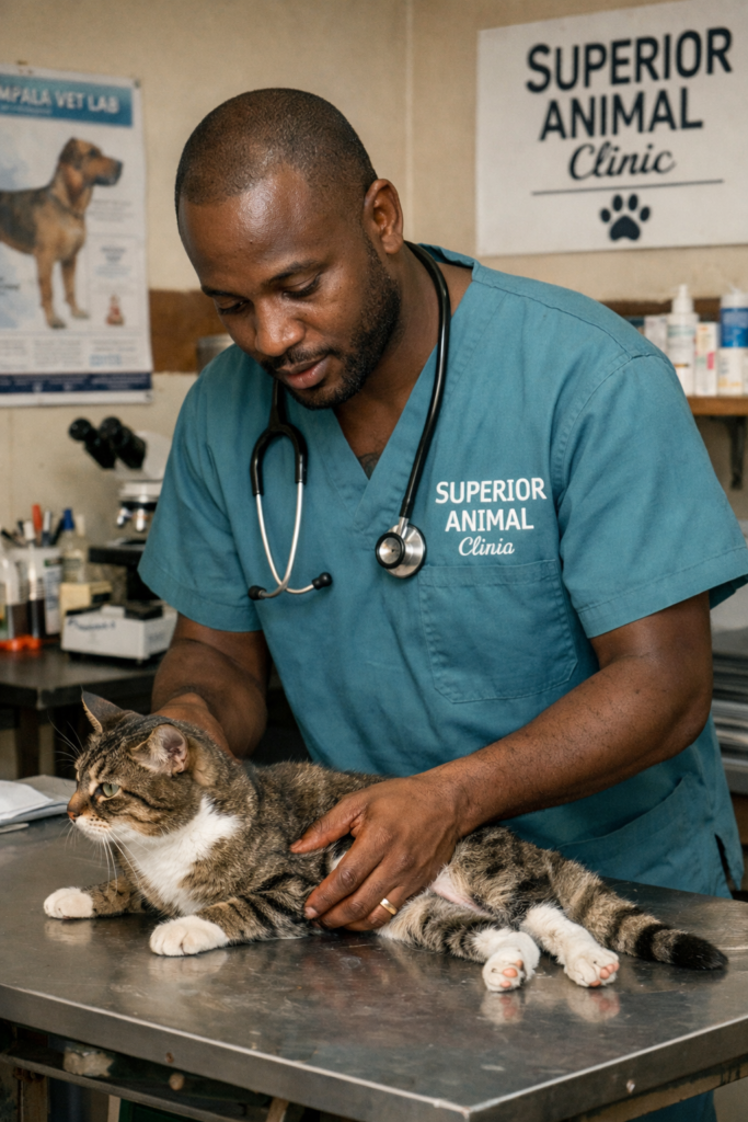 Vet examining paralyzed cat at Superior Animal Clinic
