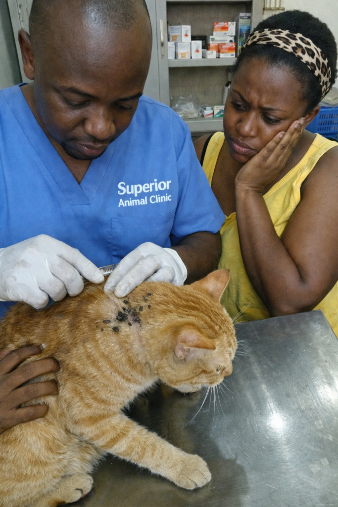 Veterinarian at Superior Animal Clinic in Kampala examining a cat with ticks and fleas while worried owner watches