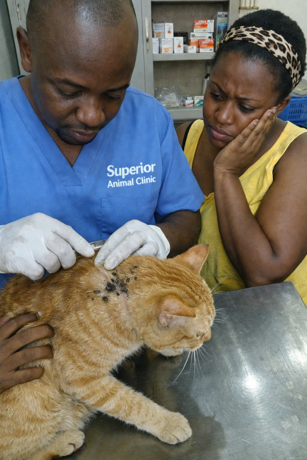 Veterinarian at Superior Animal Clinic in Kampala examining a cat with ticks and fleas while worried owner watches