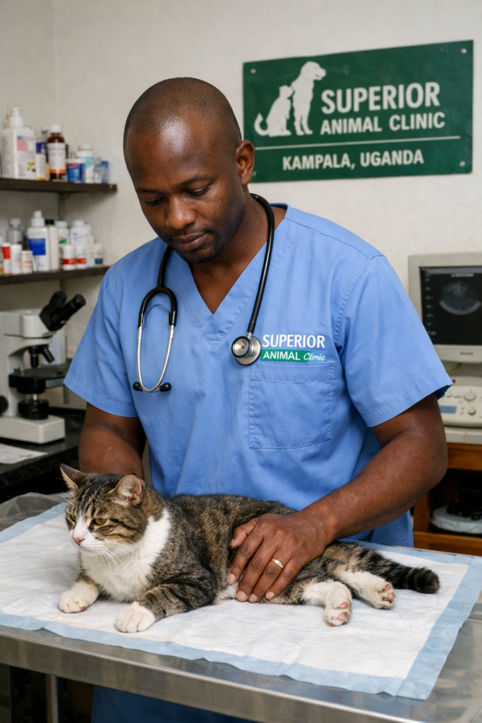 Veterinarian treating paralyzed cat at Superior Animal Clinic Makindye Kampala Uganda