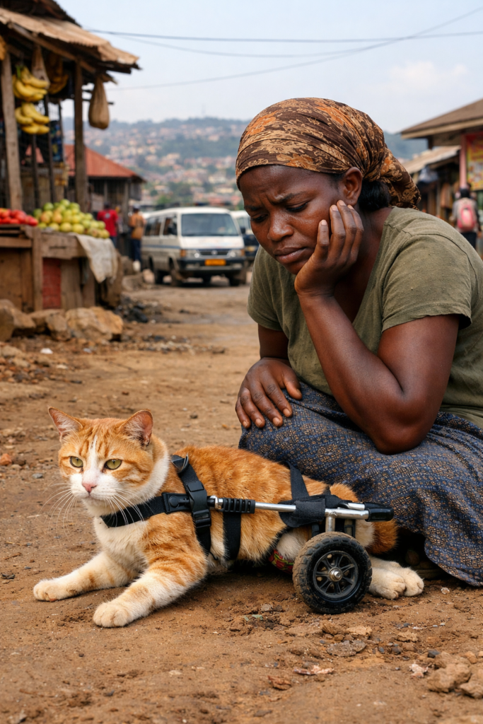 Worried cat owner in Kampala, Uganda caring for her paralyzed hind legs cat on the street