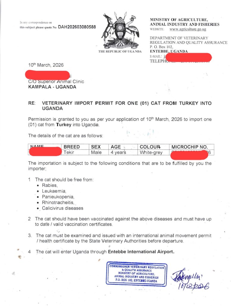 Cat import permit from Turkey to Uganda processed by Superior Animal Clinic