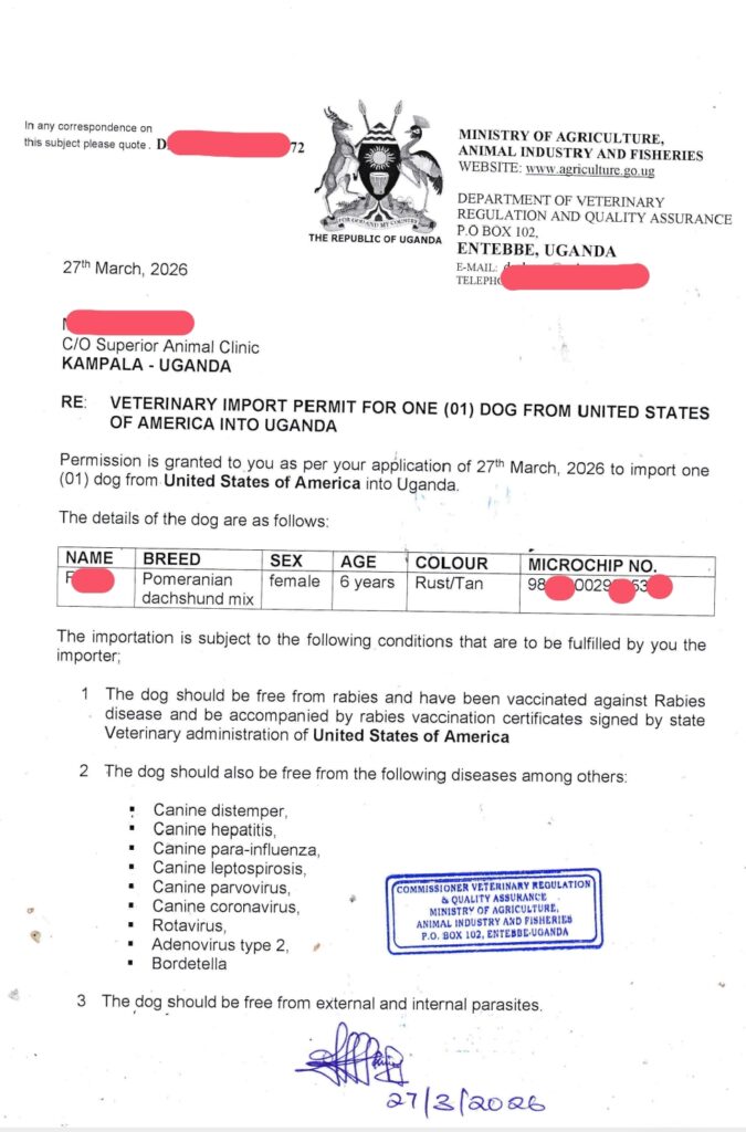 Dog import permit from USA to Uganda processed by Superior Animal Clinic
